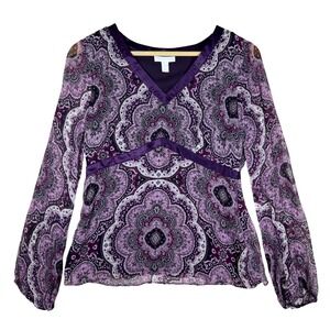 BOHO Charter Club Silk Blend‎ Paisley Print Long Sleeve Blouse Top Size 4 Whimsy